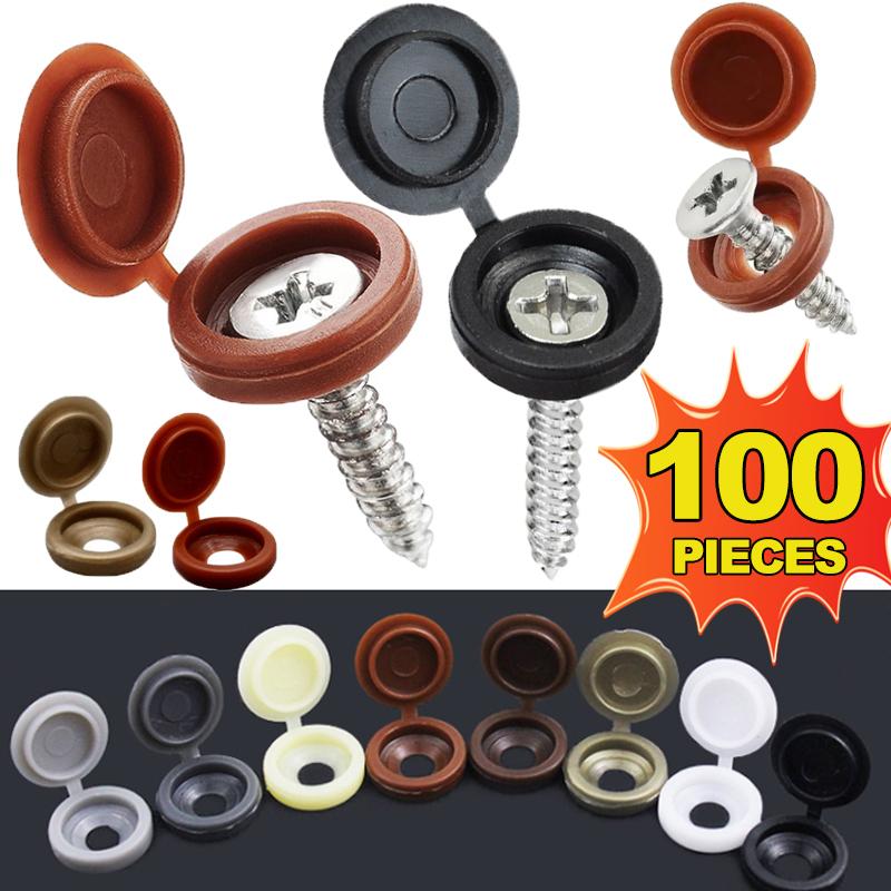 100Pcs Hinged Plastic Screw Cap Decorative Cover Practical Cross Screw Fold Snap-on Hat Nail Nuts Bolts Caps Car/Furniture Decor