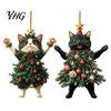 Cute Animal Tree Decor 2Pcs Christmas Cat Acrylic Ornament, 2D Flat Kitty Hanging Pendant with Indoor Holiday Ornaments Santa Hat Decor, Car Rearview