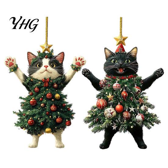 Cute Animal Tree Decor 2Pcs Christmas Cat Acrylic Ornament, 2D Flat Kitty Hanging Pendant with Indoor Holiday Ornaments Santa Hat Decor, Car Rearview