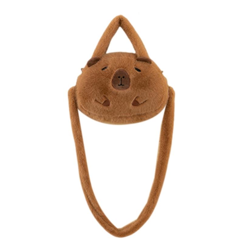 Cartoon Plush Capybara Animal Backpack for Teens Multiple Pockets Student School Bag Zippered Crossbody Shoulder Bag