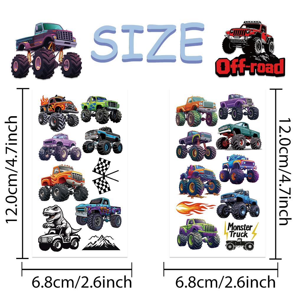 10 Vel Kleurrijke Monster Trucks Tattoo Stickers Voor Gezicht Arm Lichaam Decoratieve Waterdichte Tattoo Stickers Jongens Creatieve Cadeaus