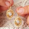 Vintage Synthetic Zirconia Moonlight Stone Inlaid Golden Plated Dangle Earrings for Women's Exquisite Banqute Festival Pendants
