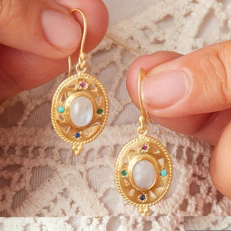 Vintage Synthetic Zirconia Moonlight Stone Inlaid Golden Plated Dangle Earrings for Women's Exquisite Banqute Festival Pendants