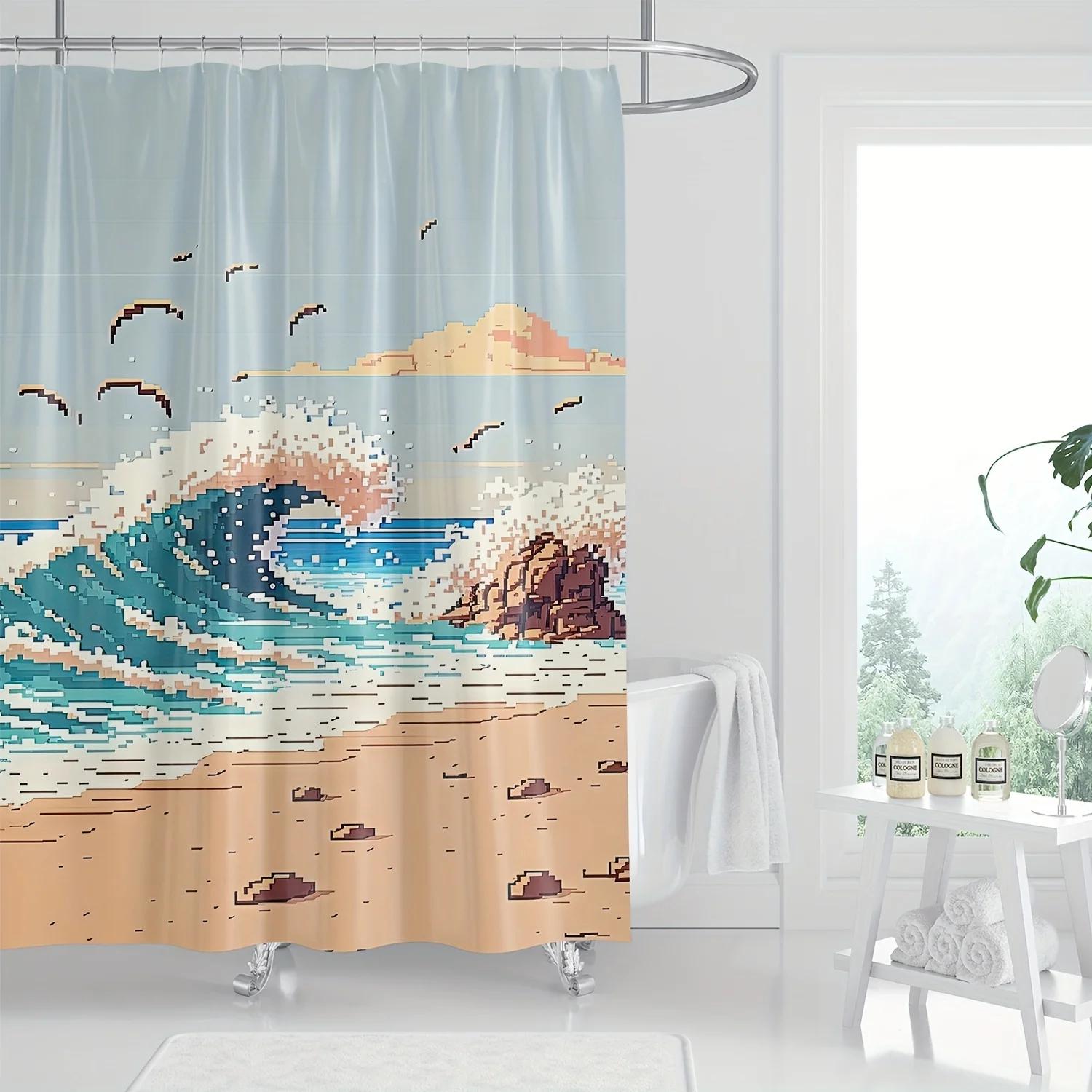 

1Pc Artistic Beach Wave Digital Print Bathroom Decor, Waterproof Polyester Knitted Fabric With Hooks, All-Season W60H190(CM)-1 Pcs