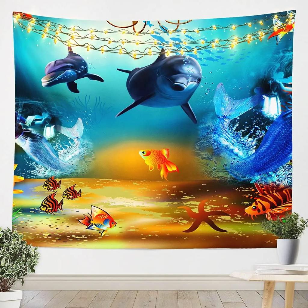 Unterwasser-Oase Wandteppich Delfin Unter dem Meer Korallenfische Anemonen Tiefsee Fantasy Blasen Wandbehänge Dekor Zimmer Wandteppiche