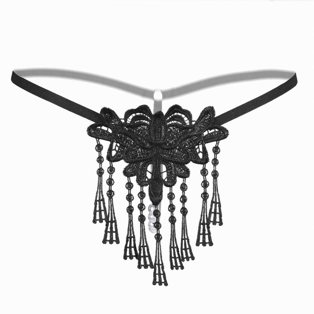 Tassel Lace Flower Panties Pearl Transparent T-Pants Cute Mesh Thongs  Women