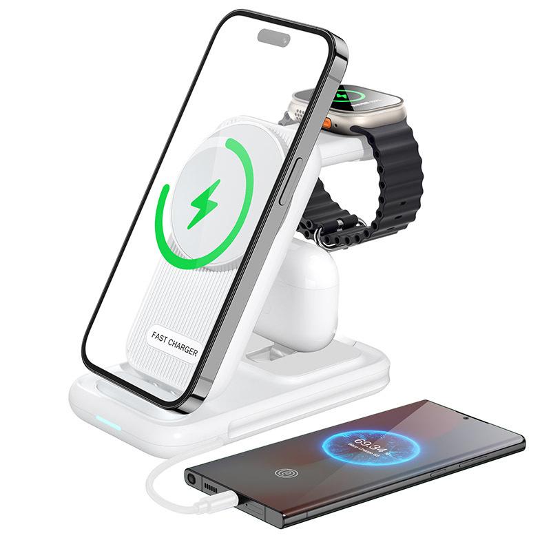 3-in-1 Foldable Wireless Charging Stand with Magnetic Cable for Fast Charging