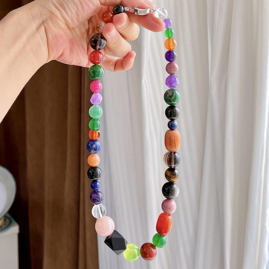 8-20mm Natural Mahogany Grain Ice Obsidian Tiger's Eye Lapis Lazuli Amethyst Rose Quartz Multi-treasure Necklace Clavicle Chain