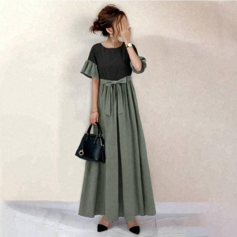 

Женское платье с расклешенными рукавами, пэчворком и поясом L зелёный