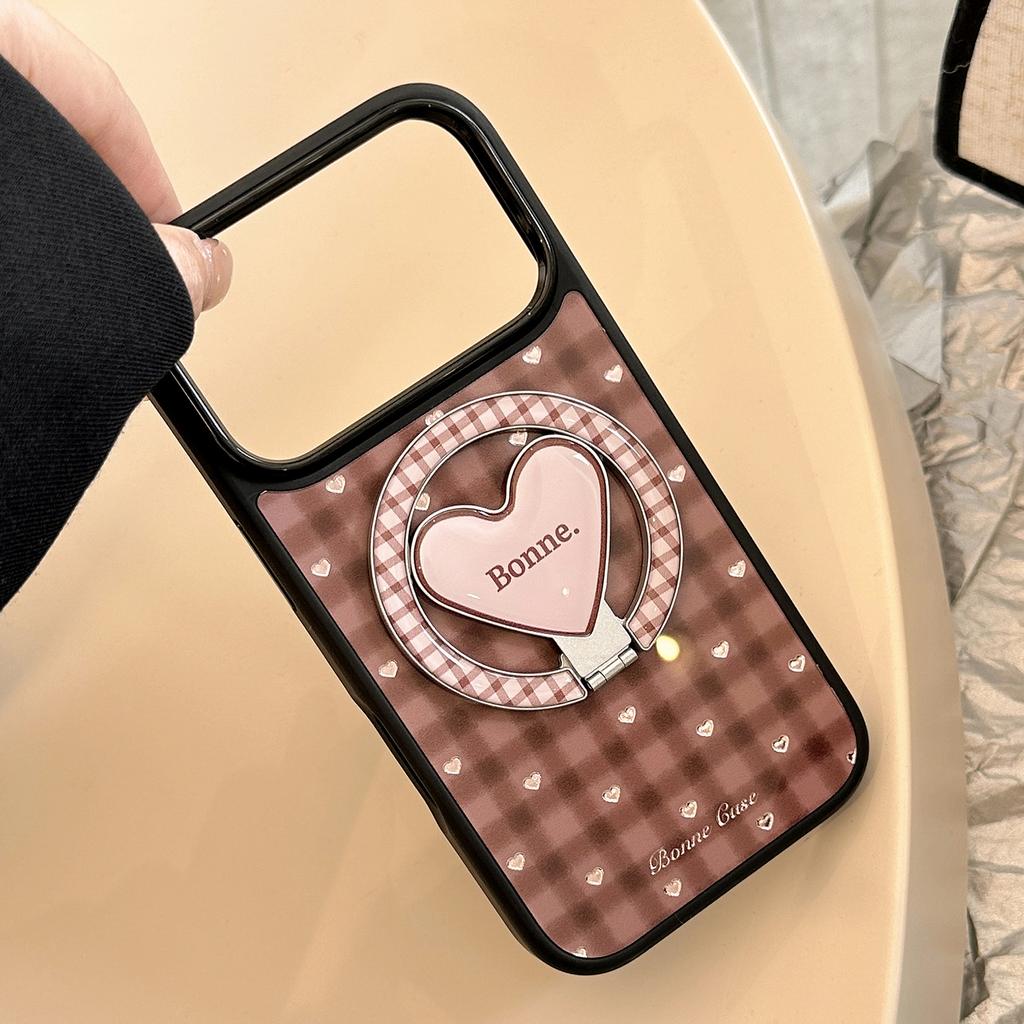 Retro plaid gold-plated iPhone 17 Pro Max Apple 16 phone case 13 magnetic heart-shaped stand 15 compatible with 14