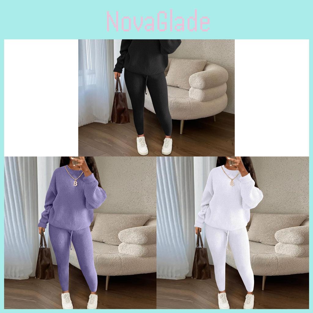 Womens Cozy Knit Sweater Pants Set With Belt For Casual Winter Wear