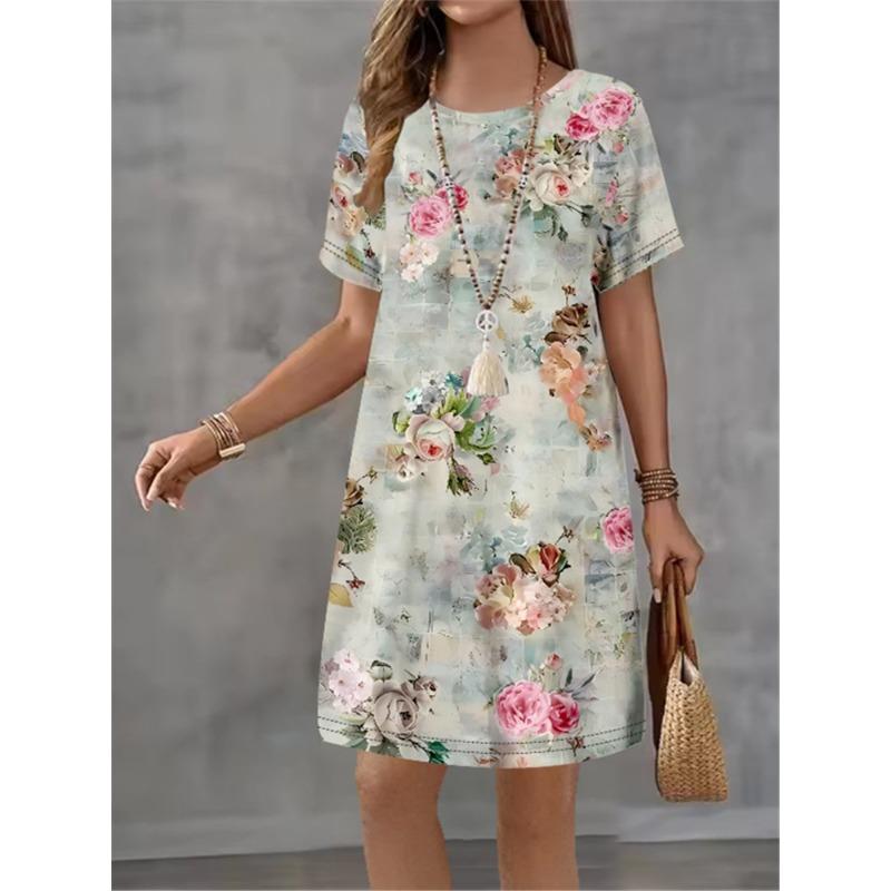 Women Dress Vintage Flower Print Pattern Design Sense Pattern Summer Elegant Women A-Line Dress Casual Short Sleeve Mini Dress