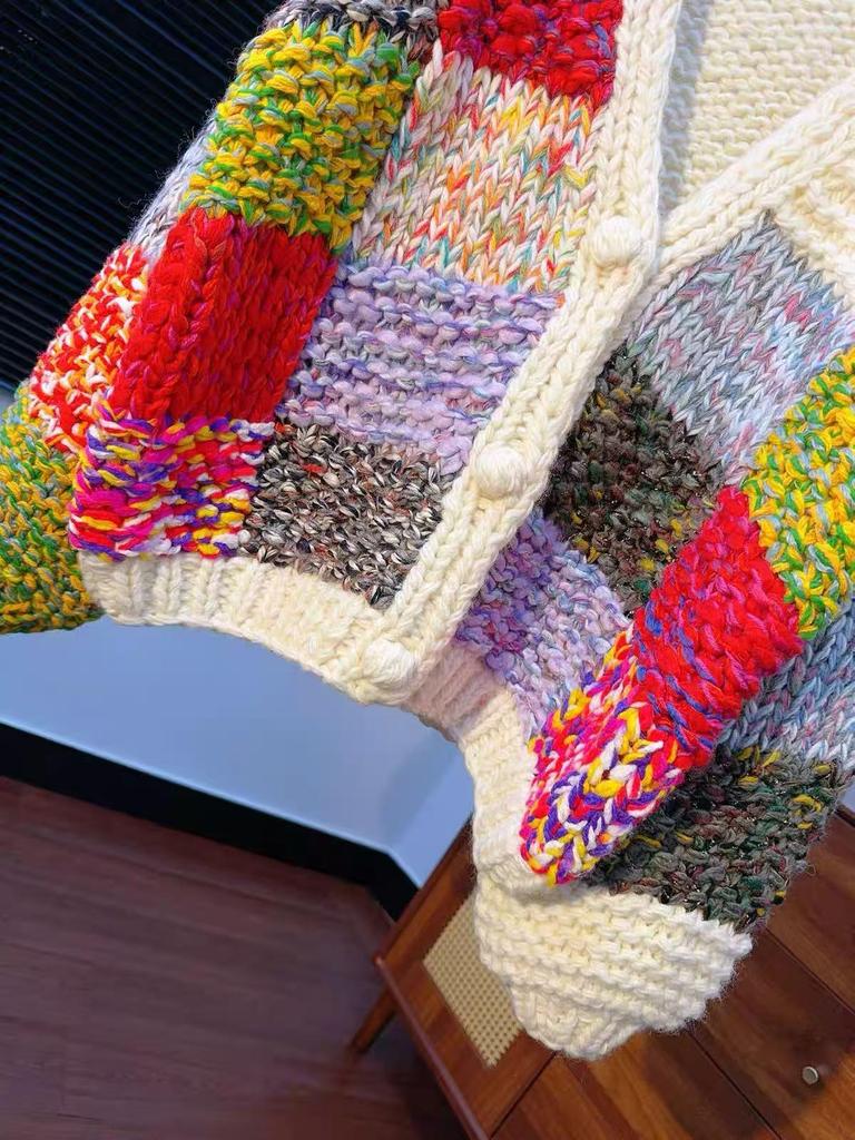 Handmade Distressed Colorful Plaid Color Block Sweater Coat for Autumn/Winter