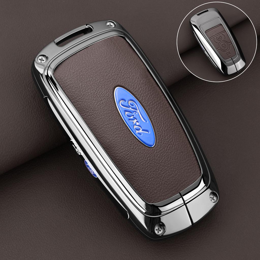 Leather Car Key Case Protector Cover for Ford Fusion Mustang Explorer F150 F250 F350 EcoSport Edge S-MAX Ranger Lincoln Mondeo