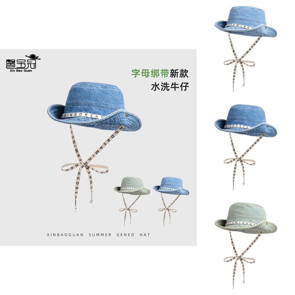 Summer Fashion Letter Strap Wide Brim Denim Fisherman Hat With Sun Protection For Women