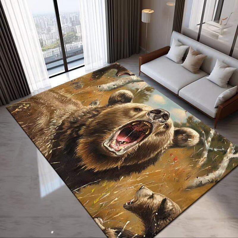 Braunbär und Wolf Wildtiermuster Teppich Weich und Rutschfest für Wohnzimmer Couchtisch Stuhl und Tischmatte