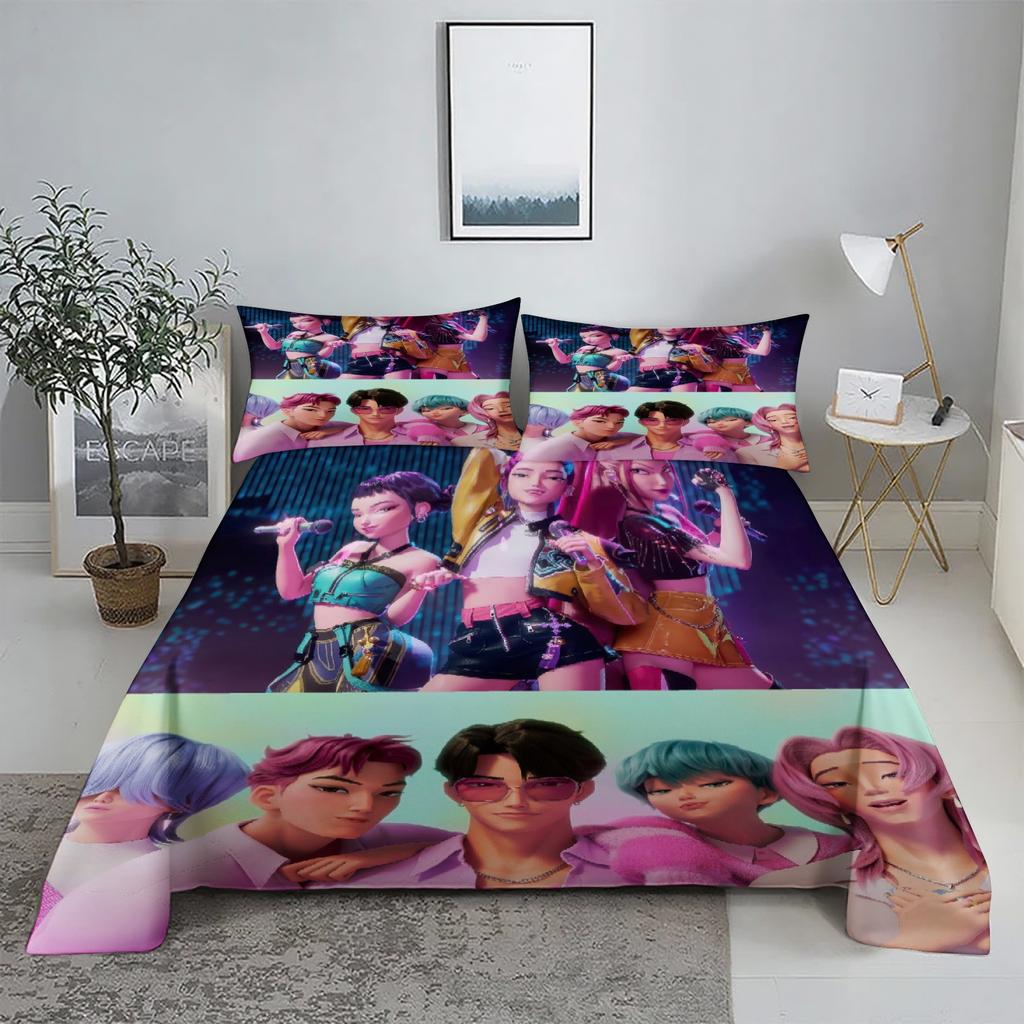 RUMI D-Demon Hunters K-pop Bed Sheet Set 3D Printed Bed Flat Sheet With Pillowcase Bed Linen King Queen Size