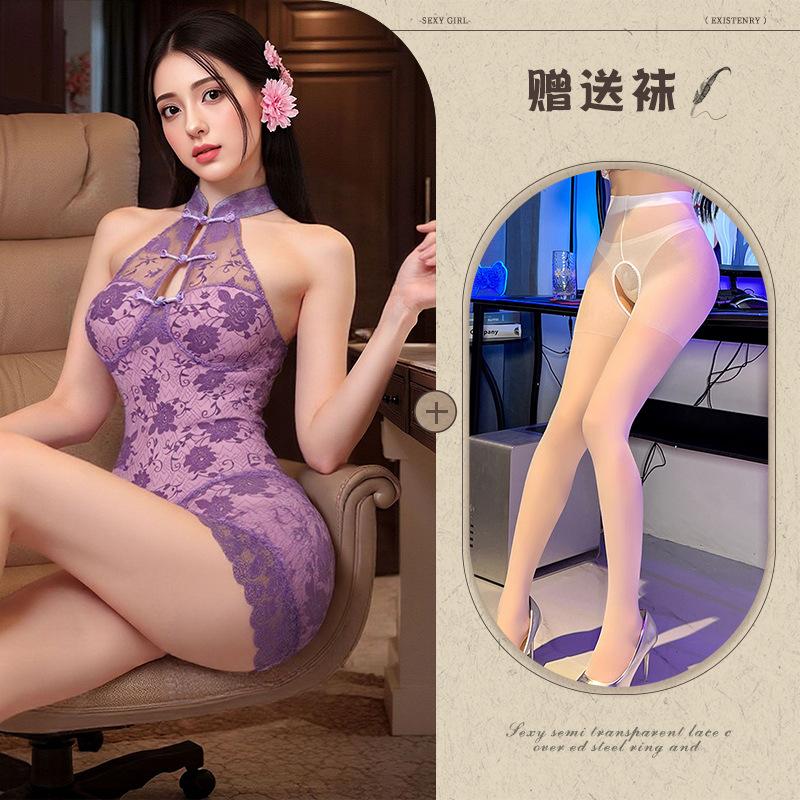 Yetingxiang new Chinese neck buckle lace cheongsam perspective temptation hip skirt sexy lingerie