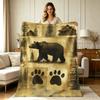 All-Season Warm Flannel Blanket with Rustic Cabin Bear Pine Tree Paw Print Pattern for Sofa Couch Bed Living Room Bedroom Camping
