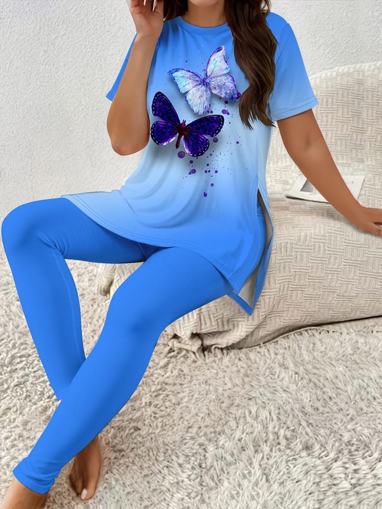 Butterfly European and American Letters Round Neck Starry Sky Color Gradual Change Short Sleeve Yoga Trousers Set