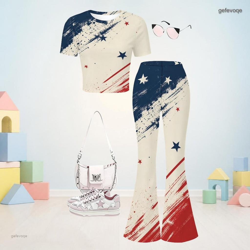 Girls Round Neck Short Sleeve Printed Top And Flared Pants Two Piece Set