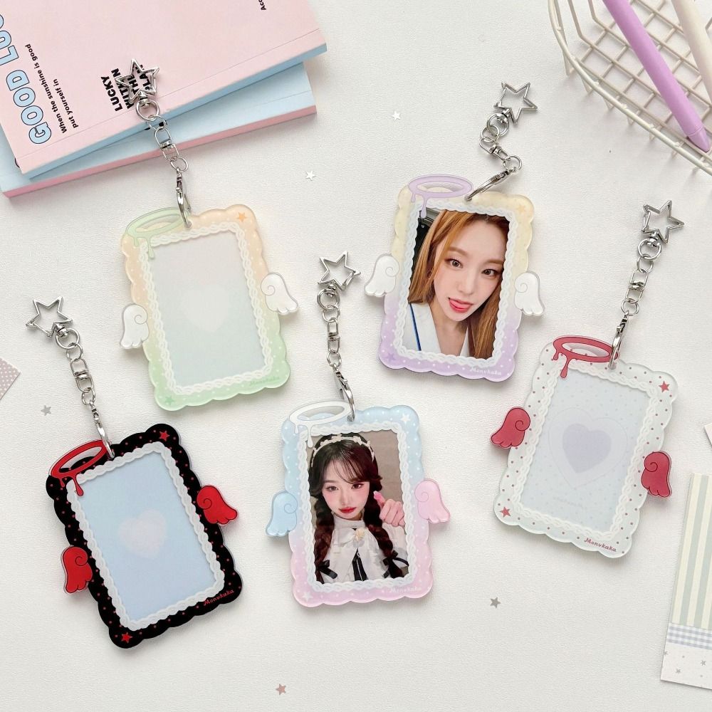 Kawaii Acrylic Photocard Holder Angel Wings with Star Keychain Card Sleeve Hard Card Protector 3-inch Photos Card Cover