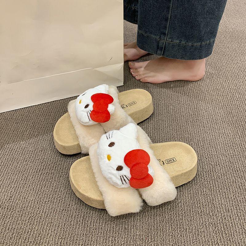 Going out thick-soled fluffy cotton slippers cute cartoon warm fluffy slippers women's outer wear season