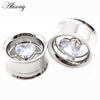 Alisouy 2PCS Stainless Steel Round Heart Zircon Ear Flesh Tunnels Plugs Expander Stretcher Double Flared Gauges Piercing Jewelry