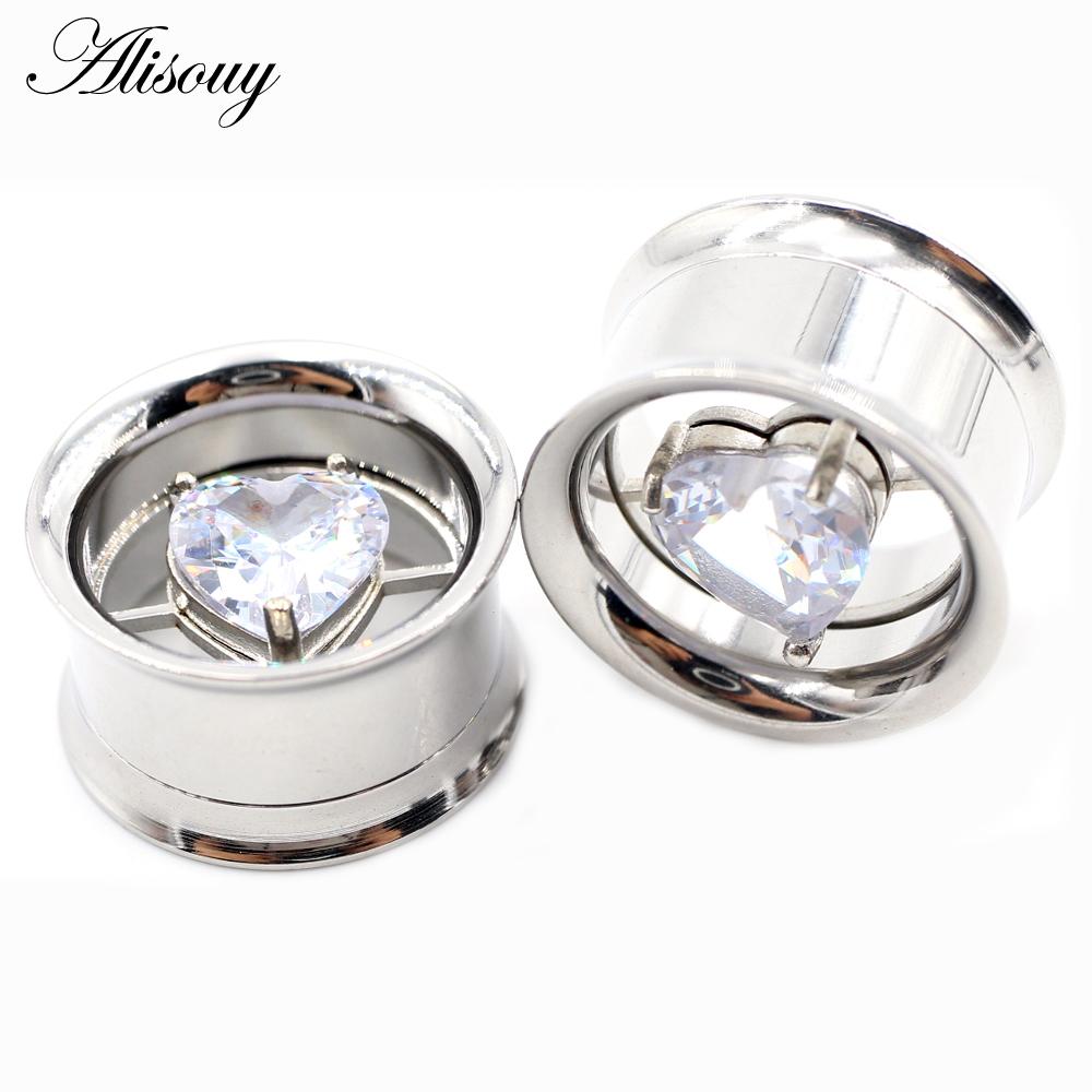 Alisouy 2PCS Stainless Steel Round Heart Zircon Ear Flesh Tunnels Plugs Expander Stretcher Double Flared Gauges Piercing Jewelry