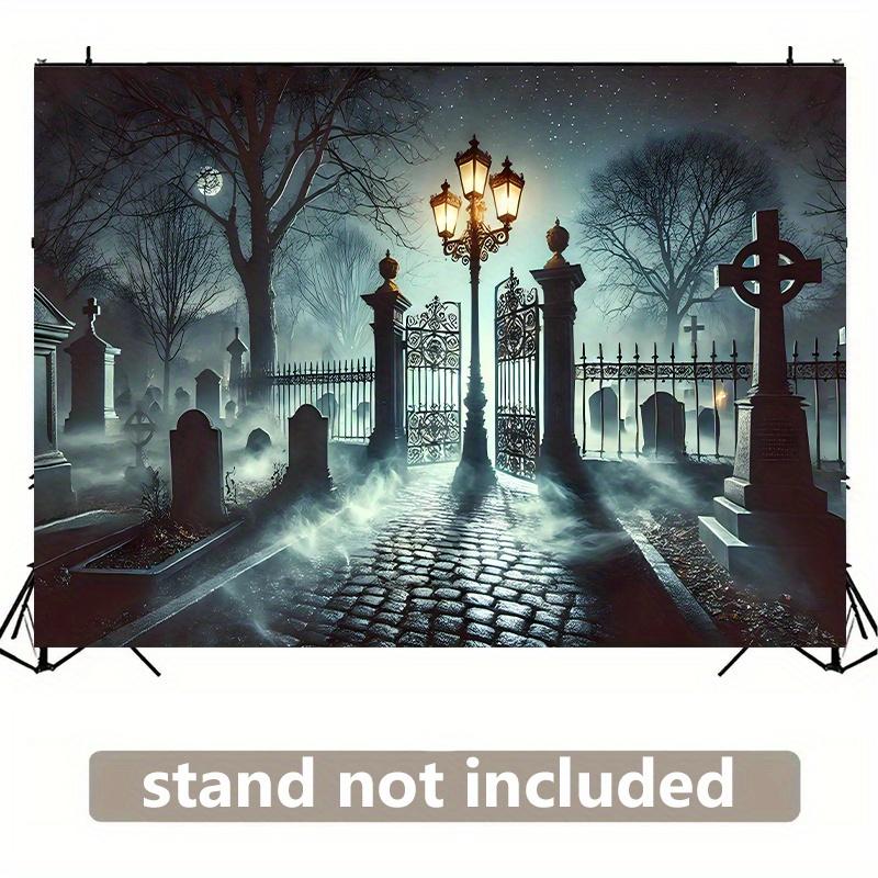 1 Piece of 2D Flat Banner - Cemetery Mist Polyester Background Fabric - Scenery of the Sepoos Cemetery and Gothic Gate