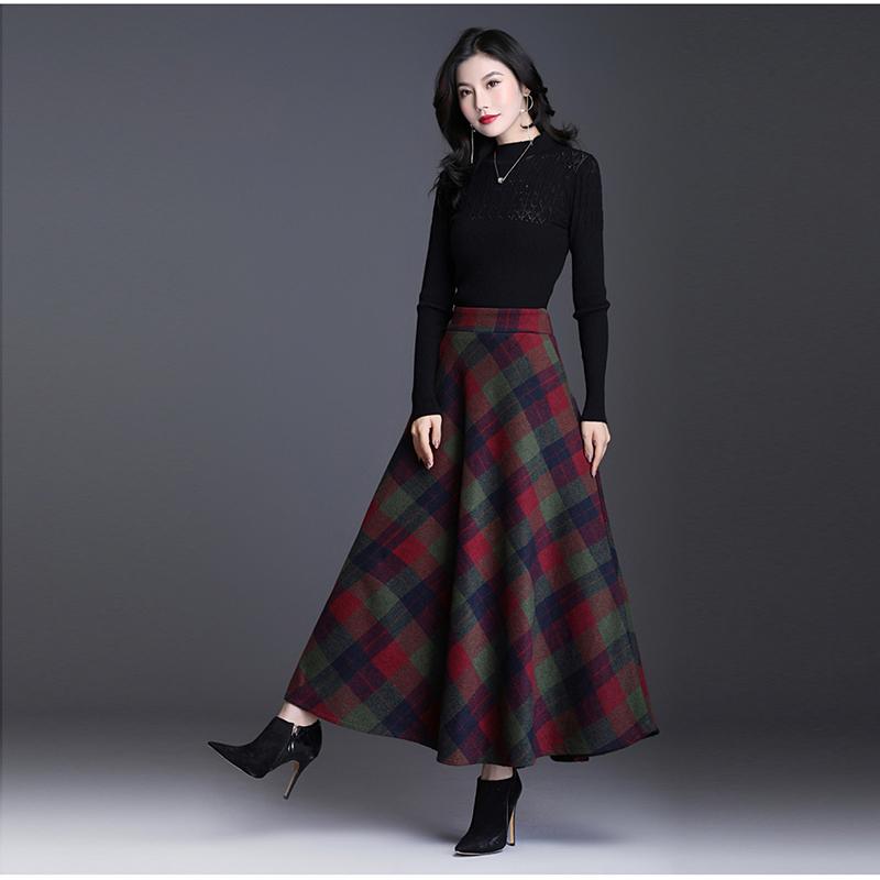 Jupe à carreaux grande taille 3XL pour femmes, épaisse, chaude, élégante, taille haute, longue, décontractée, en laine, pour l'hiver