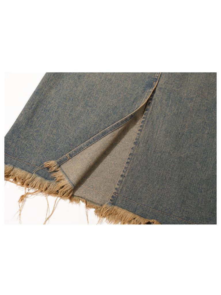 GUBIN Crack Detail Denim Long Skirt