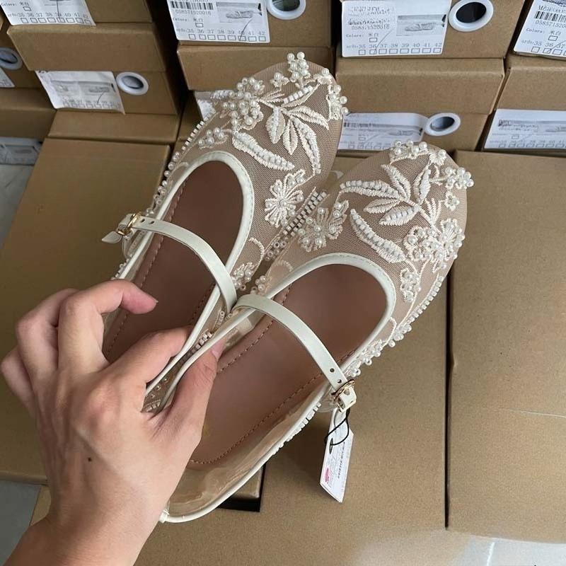Bestickte Perlennetz Damen Mary Jane Schuhe Lässige Sommer Atmungsaktive Schuhe Runde Zehenpartie Gürtelschnalle Ballett Style Flats für Damen