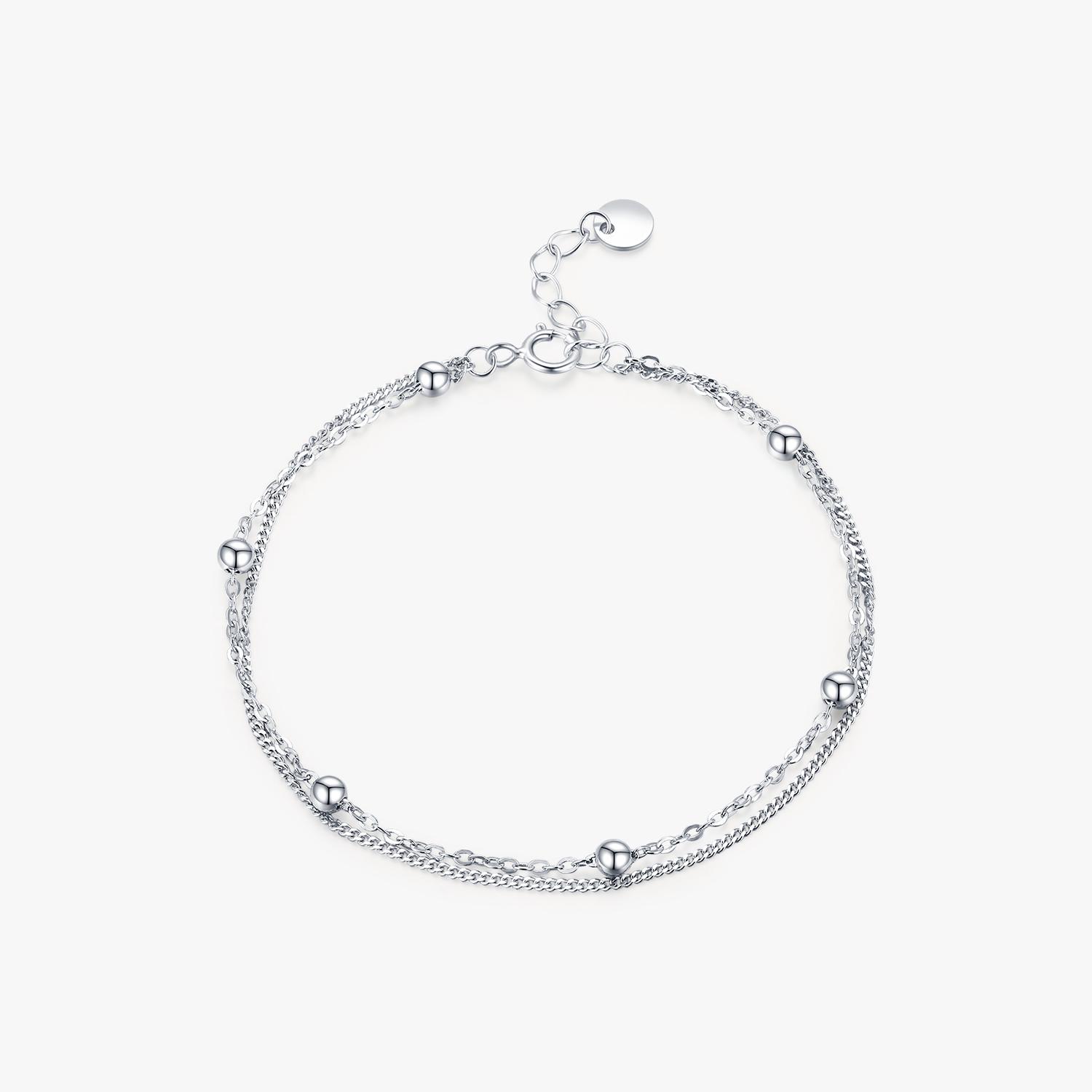 Silver Double Layer Beads Link Chain 100% 925 Sterling Silver Trendy Simple Female Bracelet for Women Wedding Jewelry