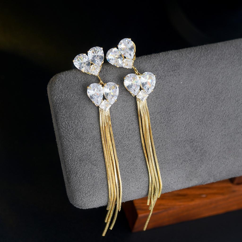 Light luxury, high-end sense, exquisite three zircon love fringed earrings, female temperament, fashionable and versatile, niche design earrings