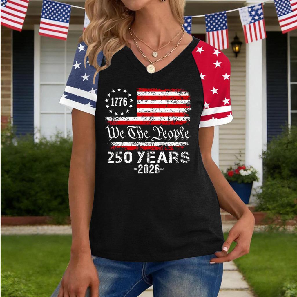 1776 0 2026 Women's Casual V-Neck Short Sleeve Pullover T-Shirt Independence Day Print