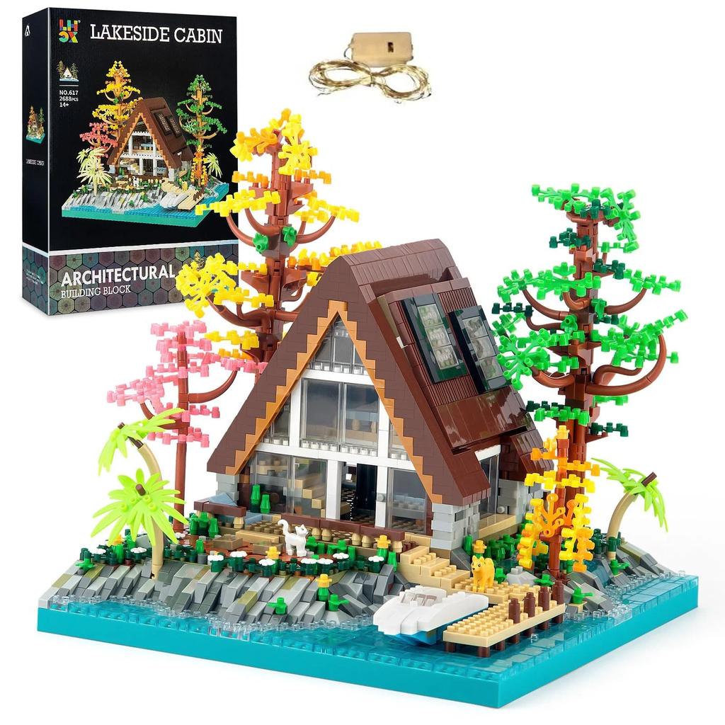 2688PCS Wooden Cabin Building House Forest Blocks DIY Lake Island Villa Assembly Block Toys with Light for Children's Xmas Gifts