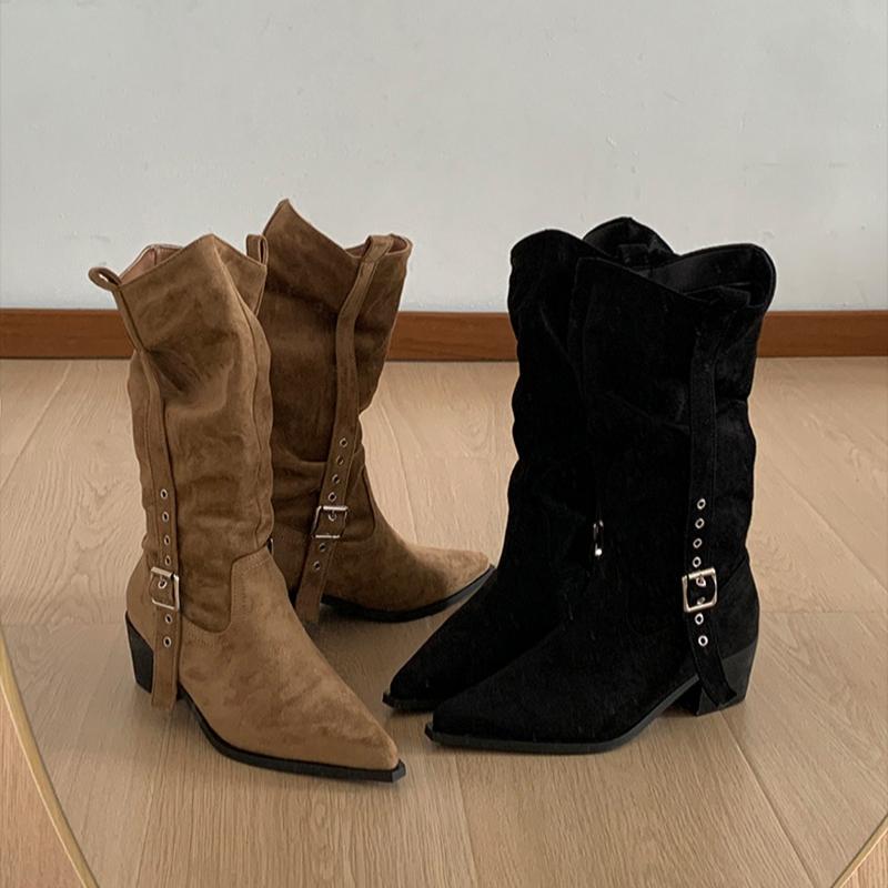 Fashion Autumn Pointed Toe Women Western Cowboy Boots Fashion Banquet Party Square Heels Knight Booties Shoes