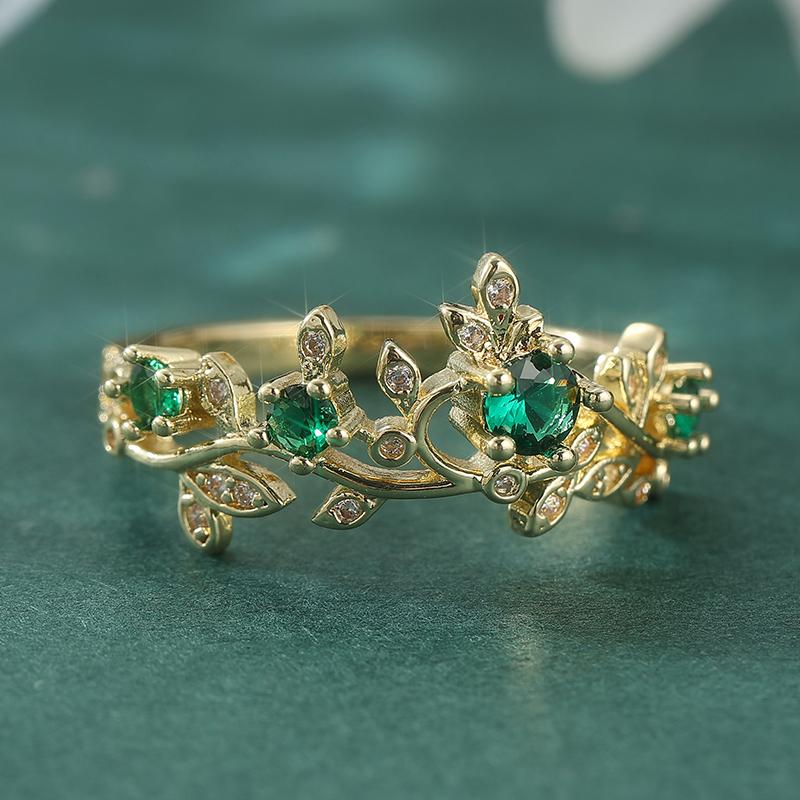 Aesthetic Inlaid White Green CZ Women's Ring Trendy Gold Color Hand Carving Daily Wear Party Jewelry Anniversary Gift