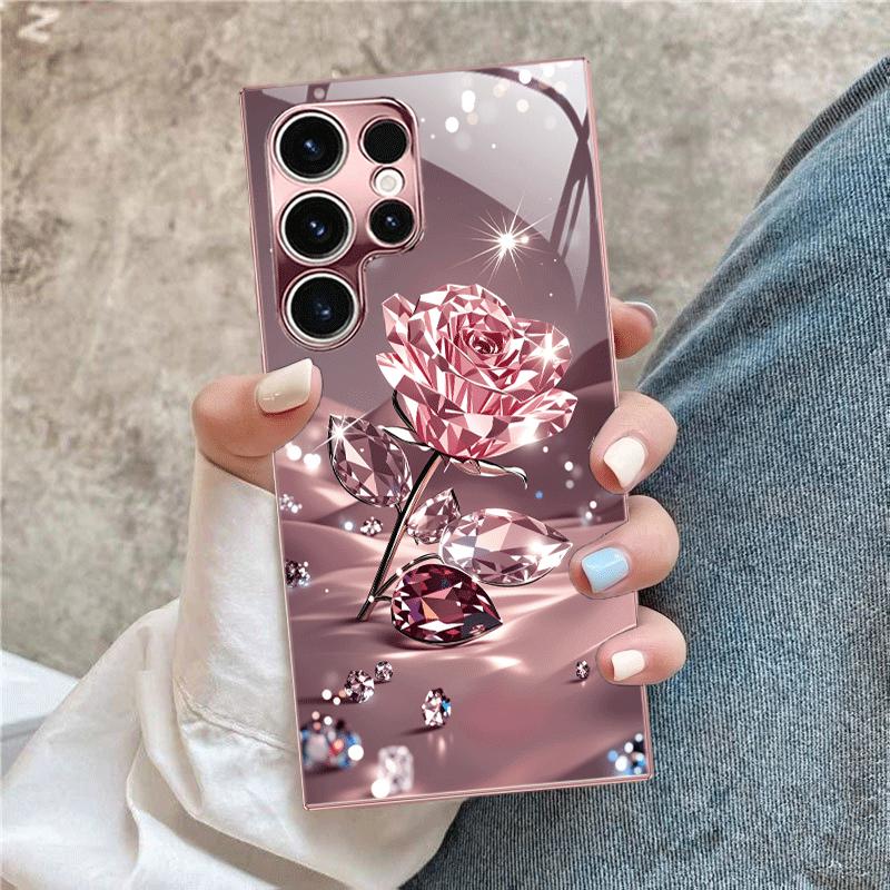 Classic Crystal Rose Phone Case S26 Ultra Case Glass Mobile Phones for Samsung Galaxy S26 S25 S24 S23 S22 FE Ultra Plus