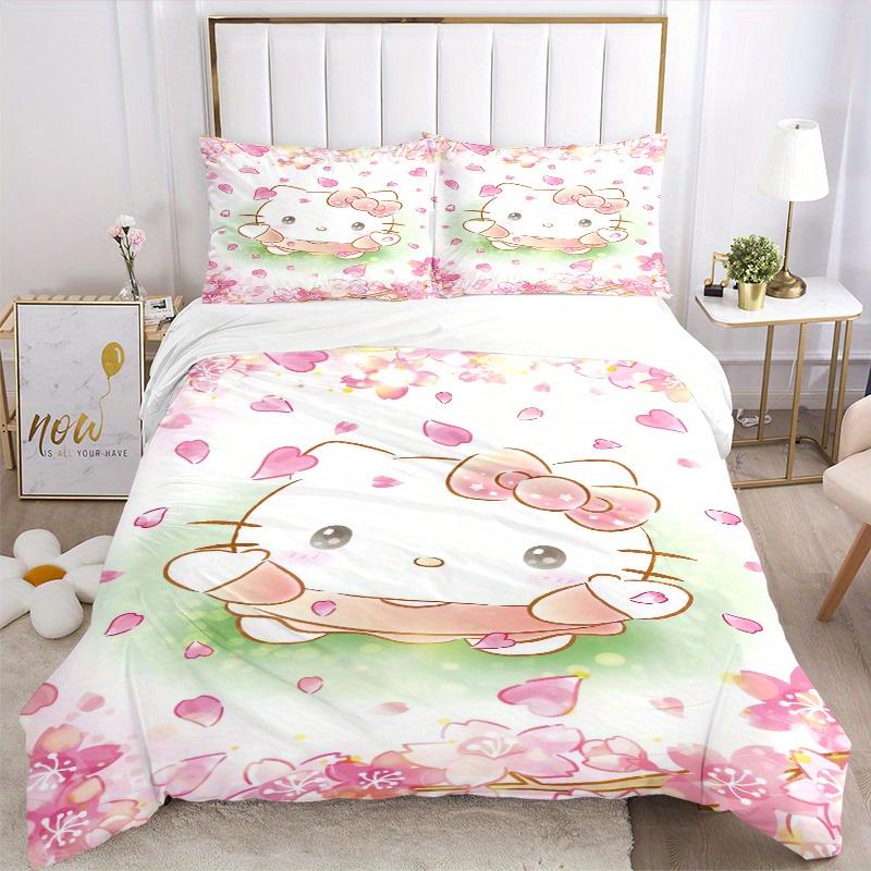 3pcs Petals Hello Kitty Quilt Cover Set (1 Quilt Cover + 2 Pillowcases Without Pillow Core), High-Definition Printing for Home and Dormitory.W075
