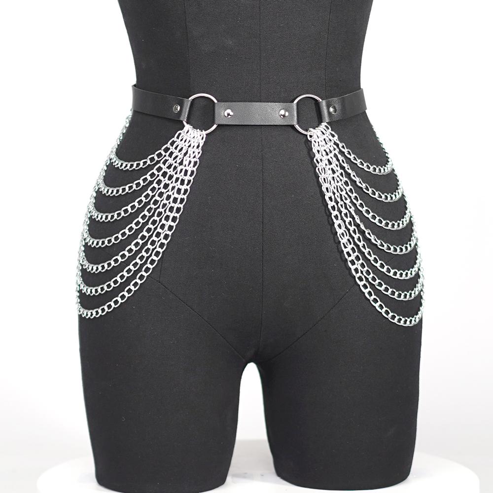Damen Sexy Strumpfbandgürtel Lederkette Beintragegurt Bondage Dessous Oberschenkelstrumpfband Gothic Fetisch Kleidung Festival Rave Outfit