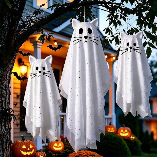 Halloween Hanging Ghost Ornaments 3 Pcs Cat Decorations, Outdoor Large Cute Flying Playful Spooky for Front Porch, Yard, Garden, Patio, Lawn,