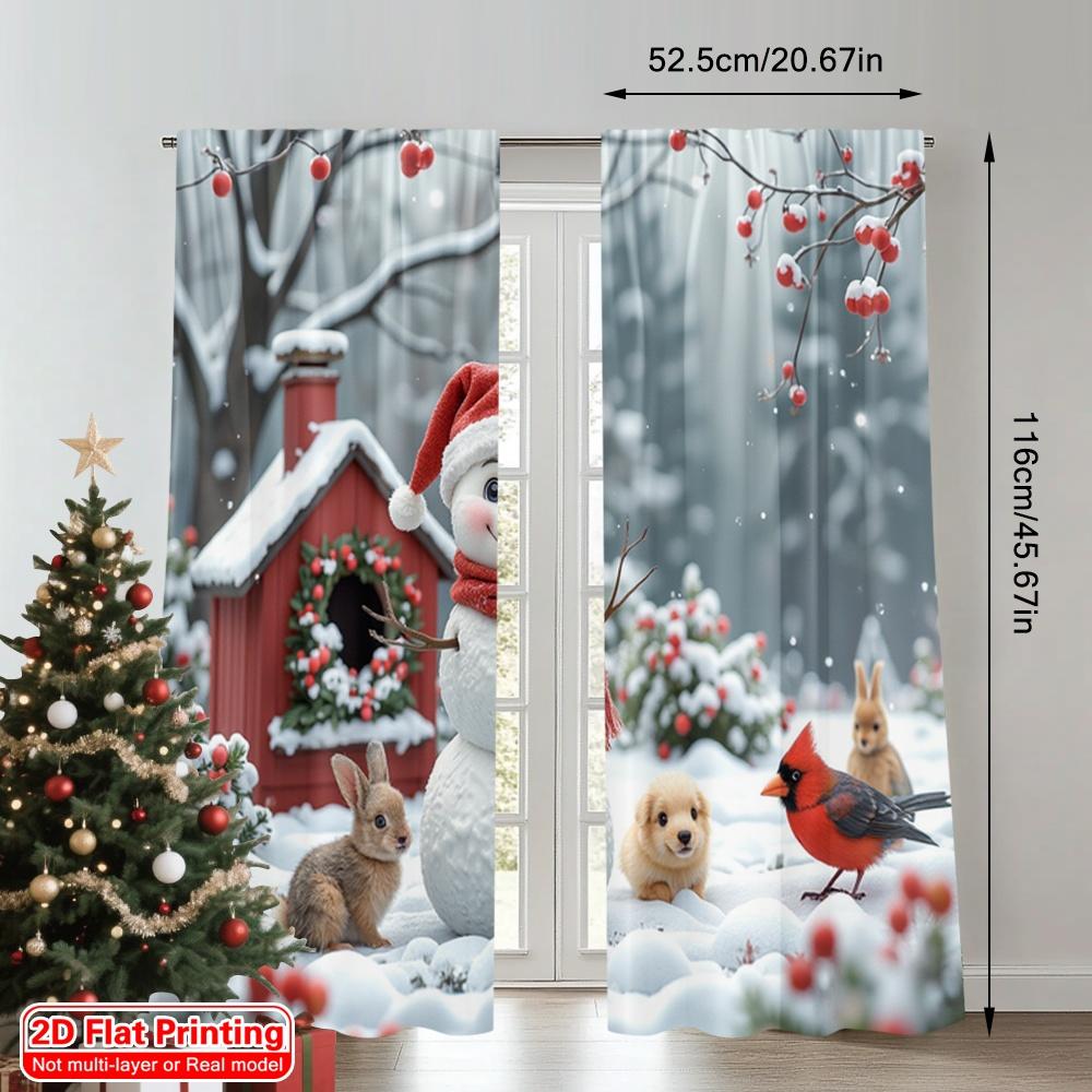 2pcs 2D Flat Printing Merry Christmas Popular Window Drapes Snowman Christmas Forest Animals Holiday Polyester Without