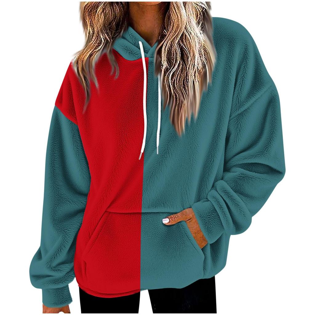 Unisex Color Block Hoodie with Pockets - Long Sleeve Flannel Pullover