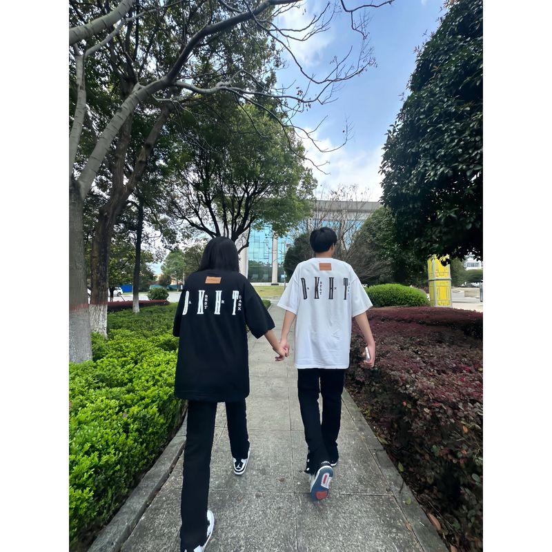 

Fashion Retro Print Summer Couple Short Sleeve T-Shirt Black (high quality) XL