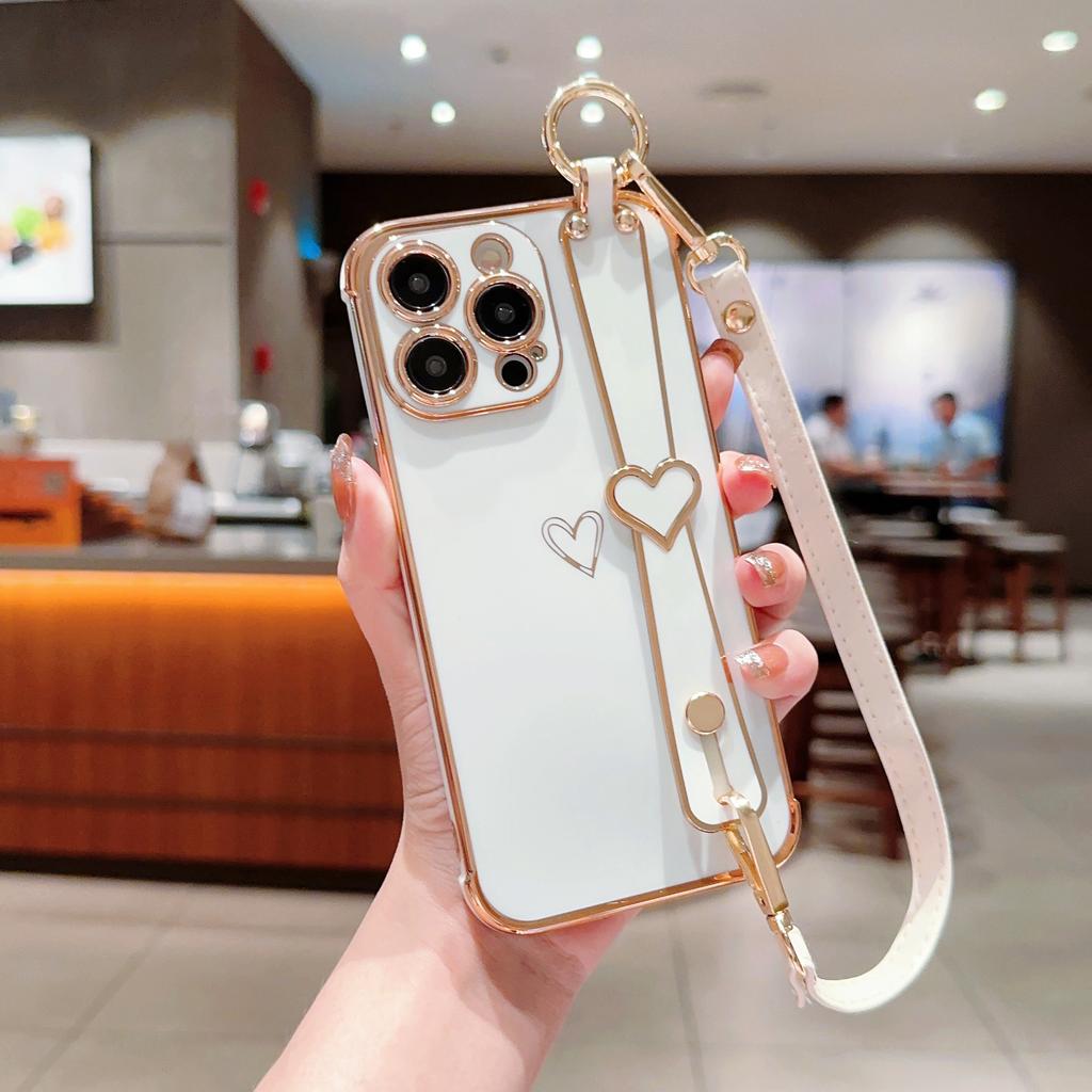 Electroplated Love Heart for IPhone16 Promax Wristband Holder for Apple 15 Simple Protective Case with Lanyard