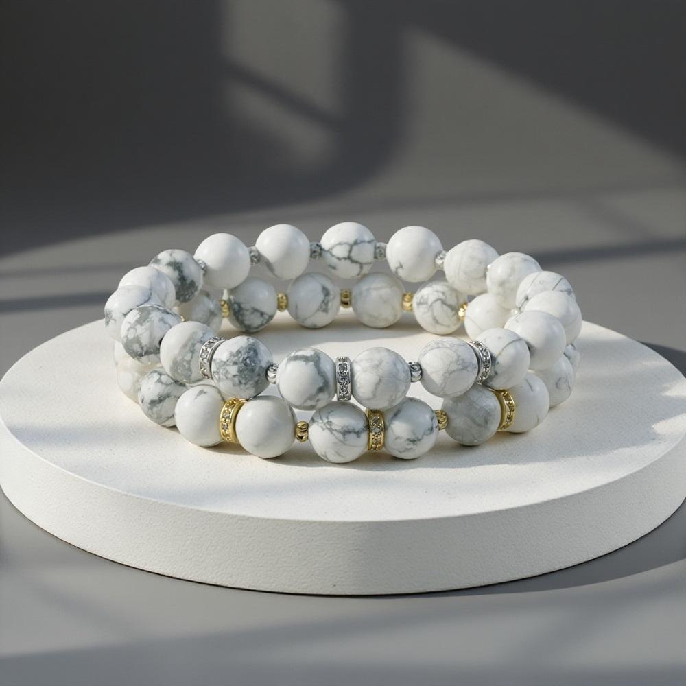 Elegant Semi-Precious Stone Beaded Bracelet - Light Luxury, High-End, Versatile Elastic Round Beads for Couples