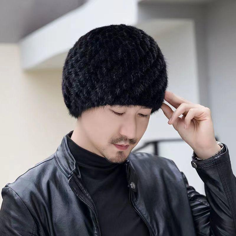 Winter Men Outdoor Keep Warm Genuine Mink Fur Hat Natural Knitted Mink Fur Hats Male Elasticity Thick Real Mink Fur Caps