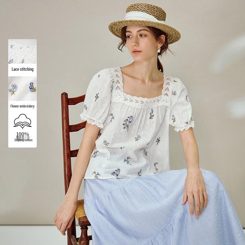 INMAN Women s French Floral Lace Square Neck Embroidered Doll Blouse XL
